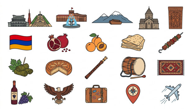 Armenia travel icons set with Yerevan landmarks national food and cultural symbols vector illustration
