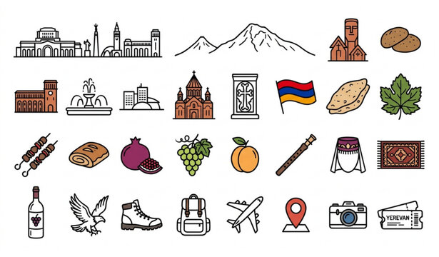 Armenia doodle icon collection with Yerevan travel landmarks food and musical instruments vector illustration