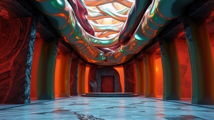 Fototapeta premium Futuristic hall. Organic shapes dominate space. Red, teal hues create dramatic lighting. Mysterious doorway beckons viewers inward.