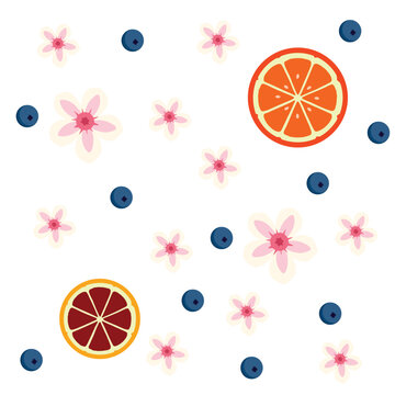 Grape fruit, orange blueberry and flower arranged frame border for decoration fresh summer healthy food pattern