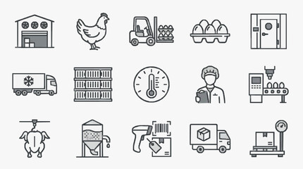Industrial Black and White Line Icons Depicting Poultry Farming and Processing Workflow with high quality professional line art symbols for modern creative design and digital branding projects © Dekek