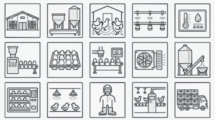Industrial Poultry Farming and Processing Equipment Illustrated in Monochromatic Line Art with high quality professional line art symbols for modern creative design and digital branding projects © Dekek