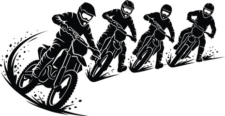 Dynamic black and white silhouette of motocross riders racing dirt bikes on an extreme off-road trackDynamic black © MD