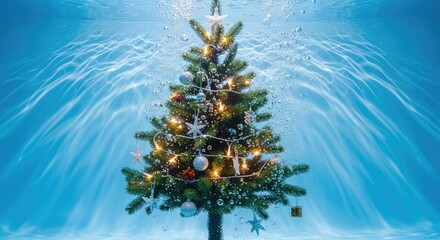 Fototapeta premium Beautifully decorated fir tree sits submerged in clear blue water, featuring glowing lights and festive ornaments among drifting bubbles, bubbles, seasonal, underwater
