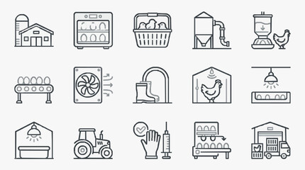 Clean Black and White Line Icons Set of Poultry Farming and Processing Equipment with high quality professional line art symbols for modern creative design and digital branding projects © Dekek