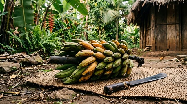 Fresh plantains lie on a grass mat with a machete nearby outside a hut