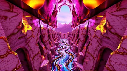 Fototapeta premium Surreal tunnel leads toward distant mountains. Vivid pinks, purples, blues create otherworldly scene. Dramatic lighting emphasizes depth.