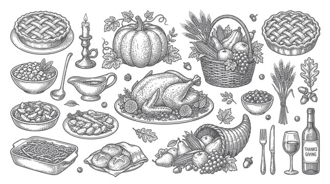 Thanksgiving Dinner Feast Set: Roast Turkey, Pies, Cornucopia, Autumn Harvest Illustrations