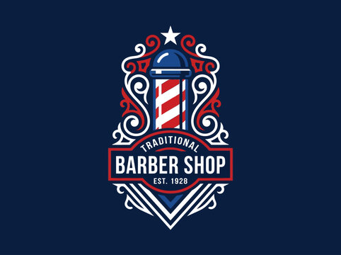 Vintage Barbershop Logo Emblem with Traditional Pole and Ornate Crest Design