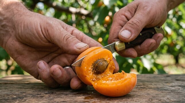 A person slices an apricot with a knife on a wooden surface outdoors