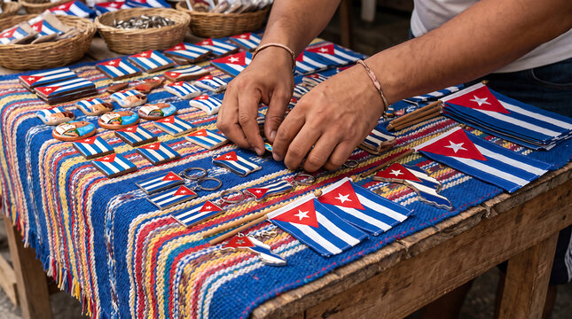 Vendor displaying various Cuba flag magnets and souvenirs on table