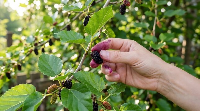 A hand plucks a ripe purple mulberry from a lush green branch outdoors.