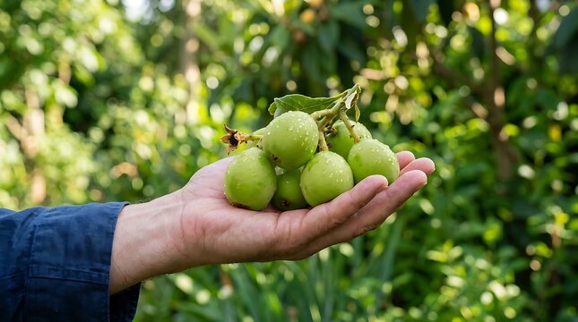 Person holding green loquats in hand outdoors in garden