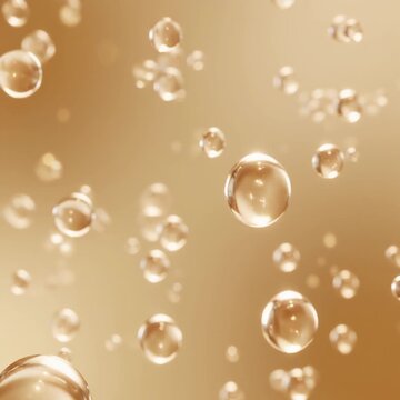 Transparent liquid droplets float through soft champagne background with crystal-like refraction, warm cinematic lighting and polished glass reflections, creating elegant luxury skincare aesthetic.