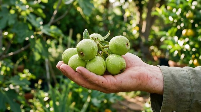 A person holds lychee fruits in their hand outdoors in a garden.