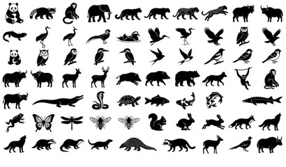 Fototapeta premium Chinese Native Animal Black Silhouette Icon Set Wildlife Nature Vector Collection