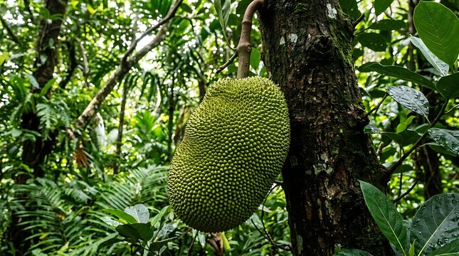 A large green jackfruit hangs from a tree branch in a dense tropical forest.