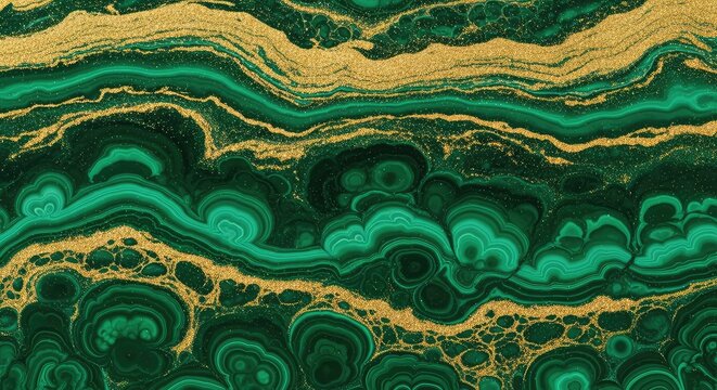 Elegant abstract background featuring swirling deep green malachite stone textures blended with shimmering metallic gold veins and glitter, smooth, jewel, minerals