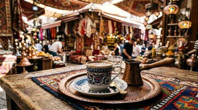 Traditional Turkish Coffee Served in a Bustling Bazaar.