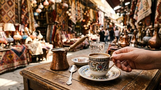 Traditional Turkish Coffee Experience in a Bustling Bazaar.