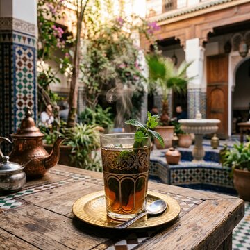 Traditional Moroccan Mint Tea Served in a Beautiful Courtyard.