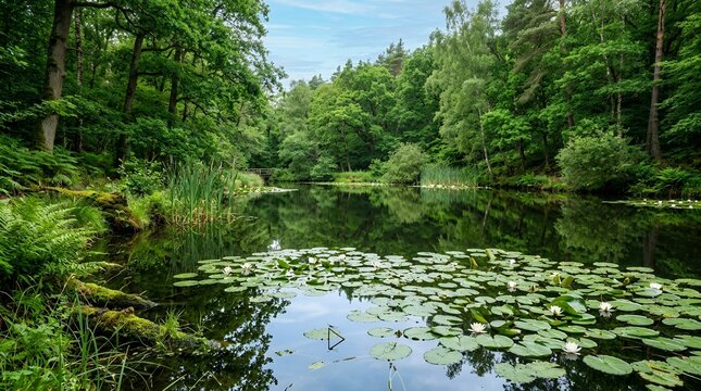 Tranquil Forest Lake with Lily Pads and Lush Greenery.