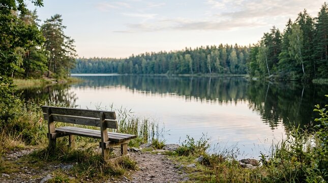 Tranquil Lakeside Bench with Forest Reflection in Calm Water.