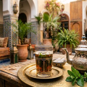 Traditional Moroccan Mint Tea Served in a Courtyard.