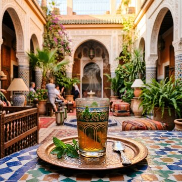 Traditional Moroccan Mint Tea Served in a Beautiful Courtyard.
