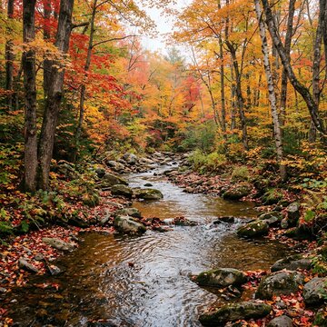 Vibrant Autumn Forest Stream with Colorful Foliage and Rocky Banks.