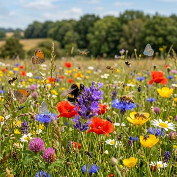 Vibrant Wildflower Meadow teeming with Bees and Butterflies on a Sunny Day.