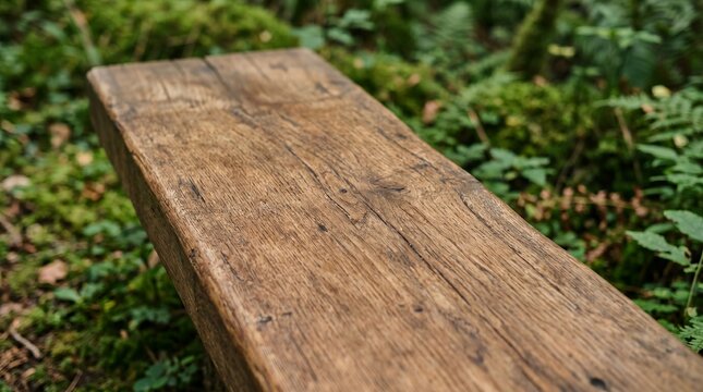 Weathered Wooden Plank in Lush Green Forest Setting.