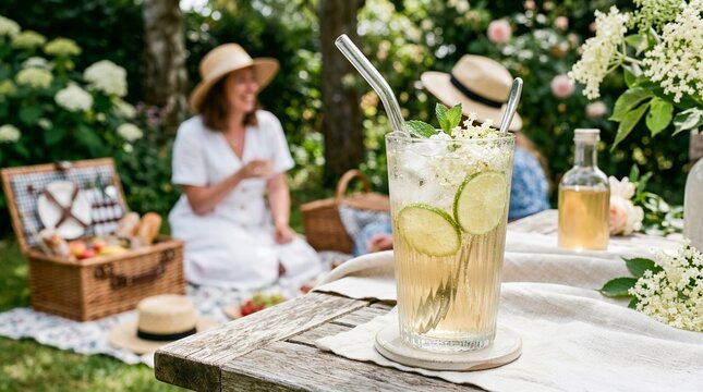 Woman Enjoying a Refreshing Elderflower Drink at a Summer Picnic.