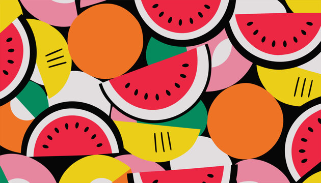 Vibrant summer fruit background featuring sliced watermelon and citrus.eps