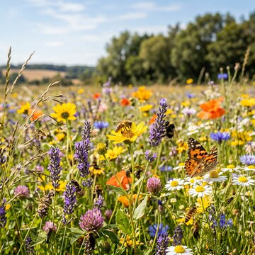 Vibrant Wildflower Meadow with Bees and Butterflies in Summer Sunlight.