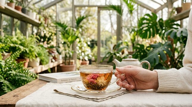 Woman enjoying herbal tea in a sunlit greenhouse surrounded by lush green plants.