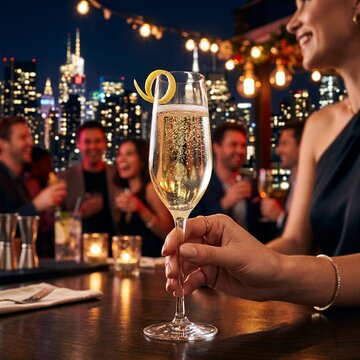 Woman holding champagne flute at rooftop bar with city skyline at night.