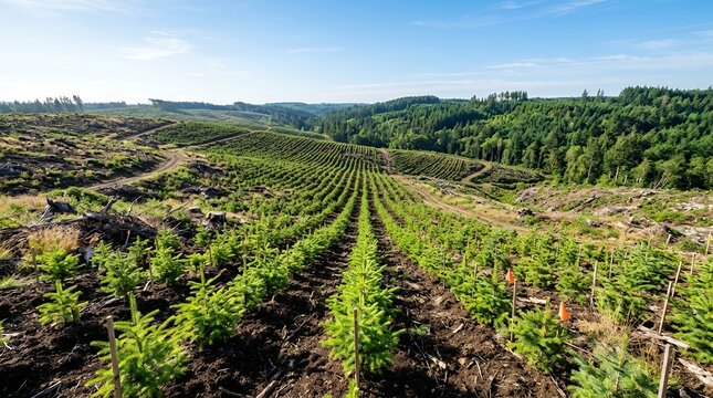 Young forest plantation rows stretching towards a distant green forest under a clear blue sky.