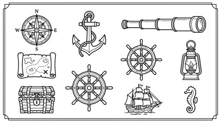 Nautical Icons Collection: Compass, Anchor, Ship Wheel, Telescope, Treasure Chest, Map, Lantern, Seahorse © Isun