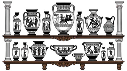 Ancient Greek Vases and Pottery Collection Displayed on Shelves © Isun