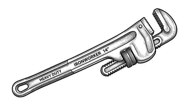Vintage Pipe Wrench Tool, Heavy Duty, Ironworker 14 Inch, Black and White Illustration