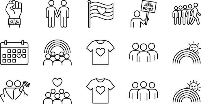 Pride month line icons collection featuring community marchers rainbow flags hearts and june calendar layouts.