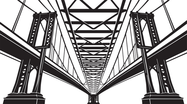 Black and white bridge illustration, steel truss bridge, vector graphic, industrial architecture