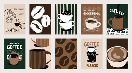 Fototapeta premium Coffee shop poster templates vector set. Retro cafe wall art with coffee cups, beans, latte art, espresso machine, moka pot, takeaway cup and croissant patterns