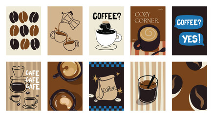 Fototapeta premium Coffee shop poster templates vector set. Retro cafe wall art with coffee cups, beans, latte art, espresso machine, moka pot, takeaway cup and croissant patterns
