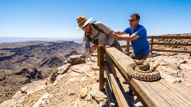 Diamondback rattlesnake on wooden railing at desert canyon overlook