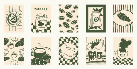 Fototapeta premium Coffee shop poster templates vector set. Retro cafe wall art with coffee cups, beans, latte art, espresso machine, moka pot, takeaway cup and croissant patterns