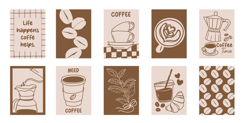 Fototapeta premium Coffee shop poster templates vector set. Retro cafe wall art with coffee cups, beans, latte art, espresso machine, moka pot, takeaway cup and croissant patterns