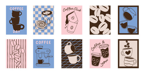Fototapeta premium Coffee shop poster templates vector set. Retro cafe wall art with coffee cups, beans, latte art, espresso machine, moka pot, takeaway cup and croissant patterns