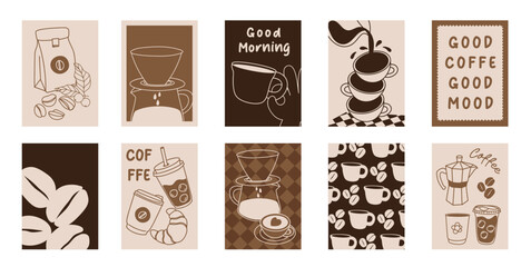 Fototapeta premium Coffee shop poster templates vector set. Retro cafe wall art with coffee cups, beans, latte art, espresso machine, moka pot, takeaway cup and croissant patterns